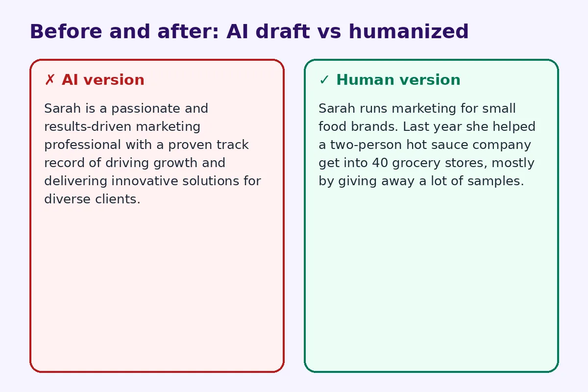 Before and after comparison of an AI draft and a humanized rewrite for ai bio