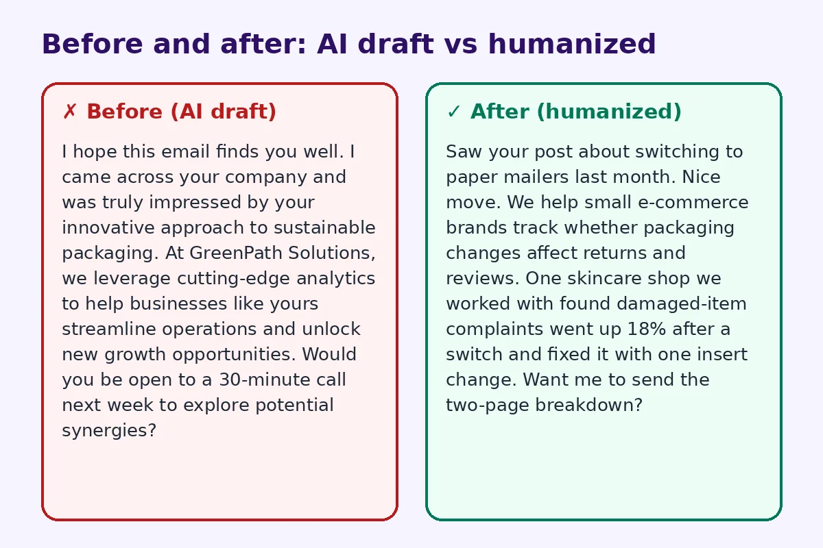 Before and after comparison of an AI draft and a humanized rewrite for humanize ai cold email