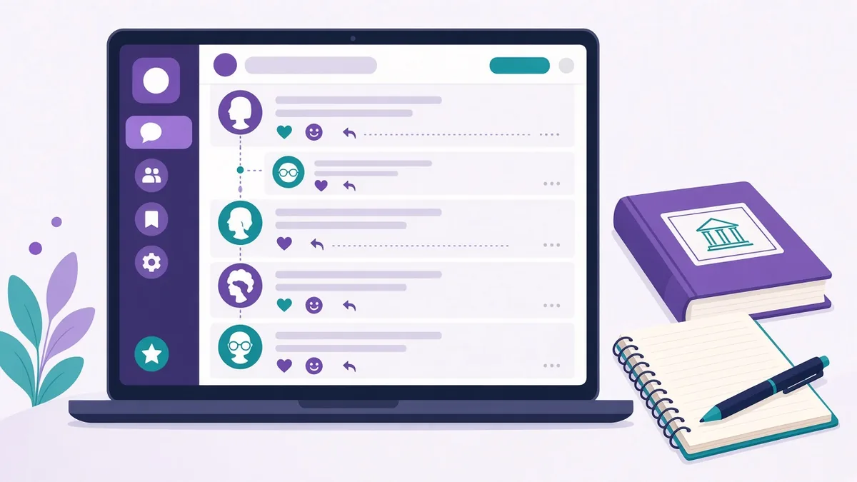 Laptop showing an online course discussion forum with threaded replies beside a textbook