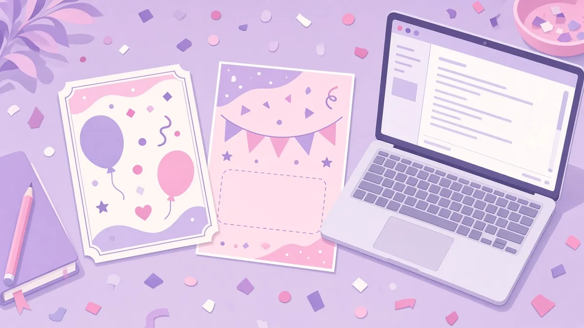 Party invitation card and event flyer on a table with confetti beside a laptop