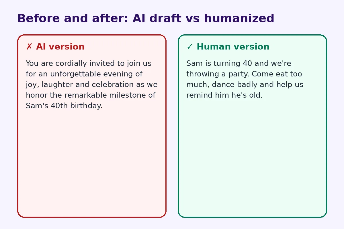 Before and after comparison of an AI draft and a humanized rewrite for ai event invitation