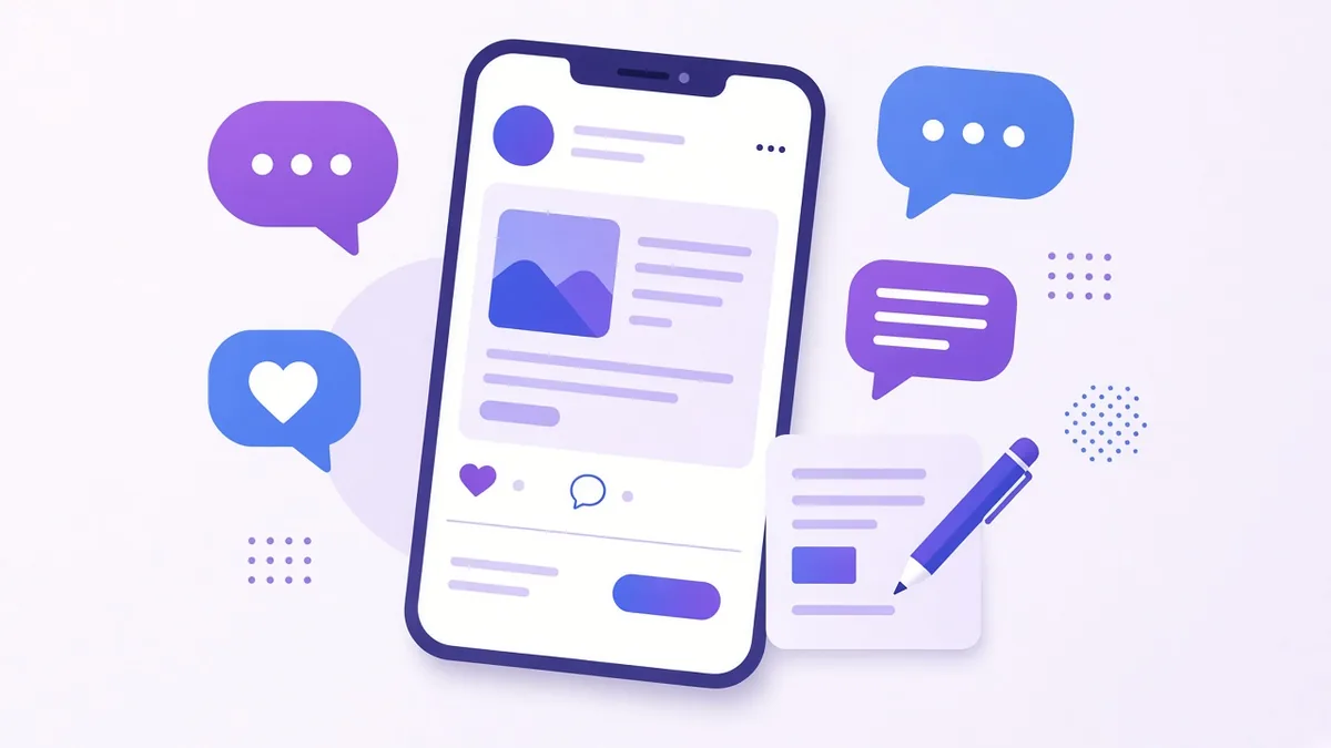 Phone showing a professional social post with comment and like bubbles and a pencil editing text