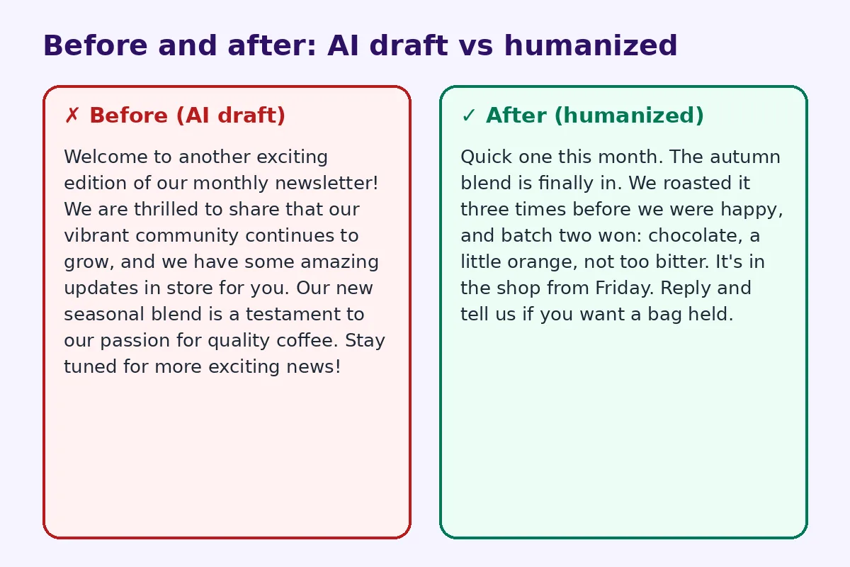 Before and after comparison of an AI draft and a humanized rewrite for humanize ai newsletter