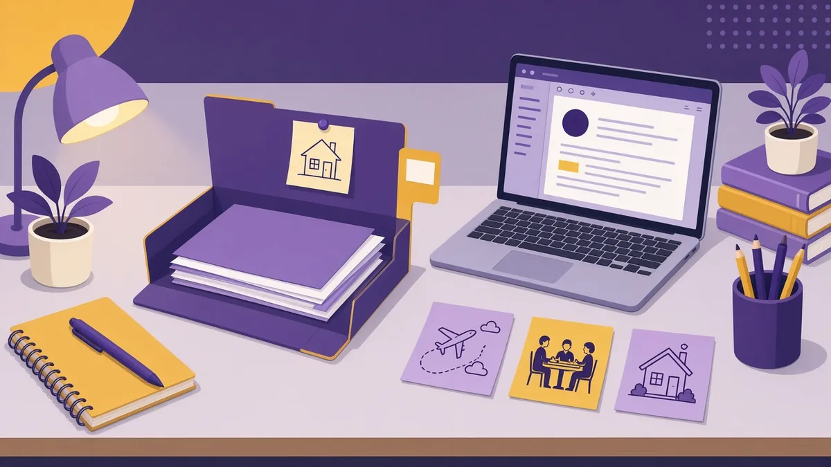 Student desk with an application folder, a laptop essay and sticky notes of personal memories
