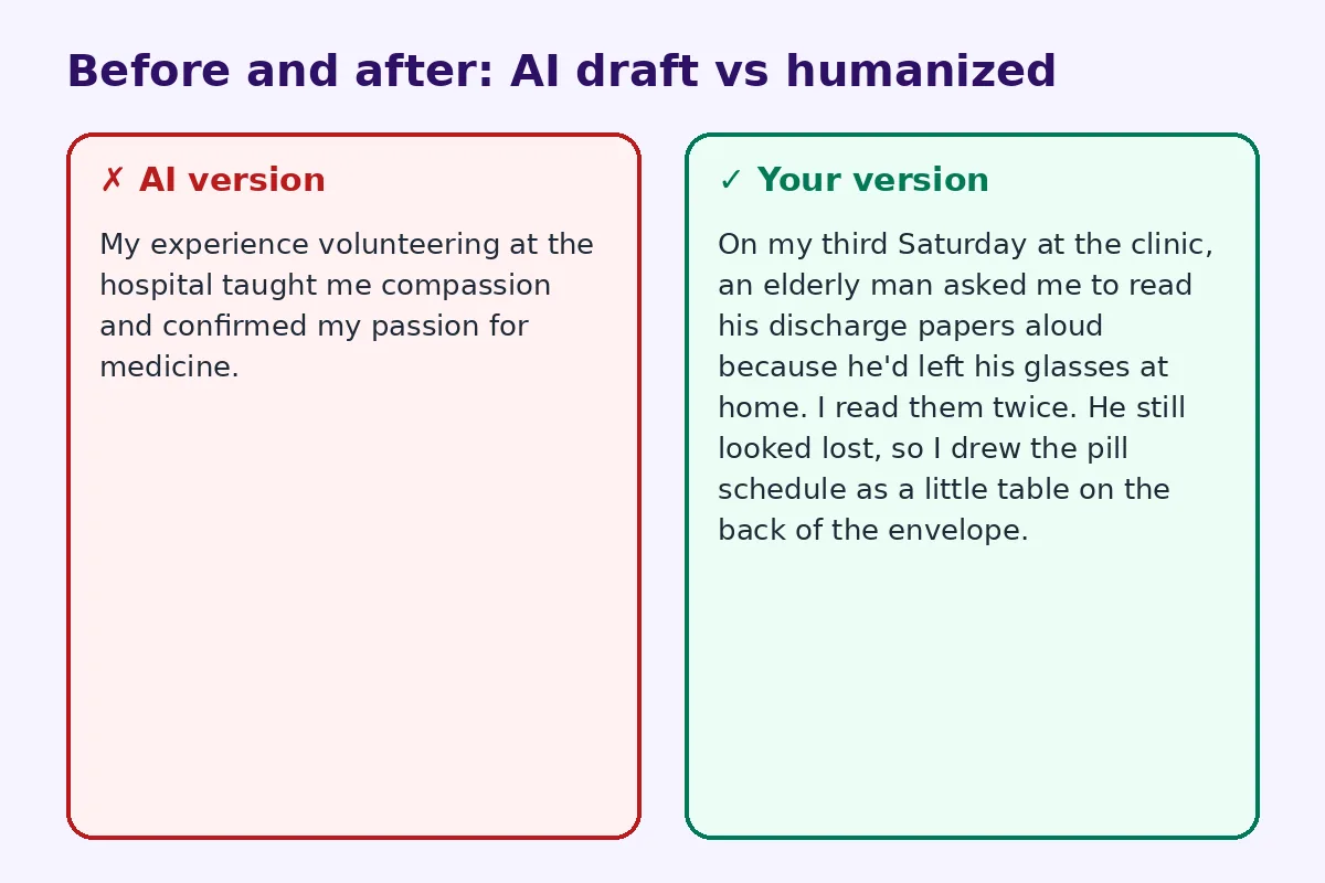 Before and after comparison of an AI draft and a humanized rewrite for ai personal statement