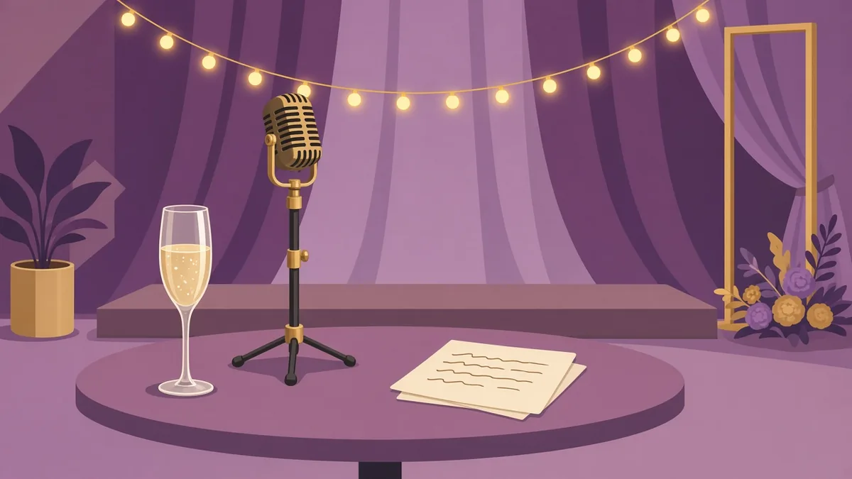 Microphone on a small event stage with string lights, a glass and speech notes