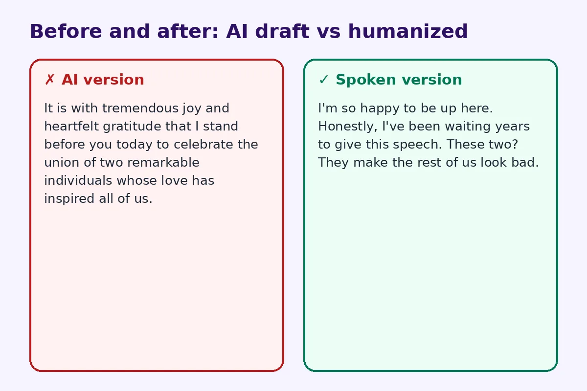 Before and after comparison of an AI draft and a humanized rewrite for ai written speech