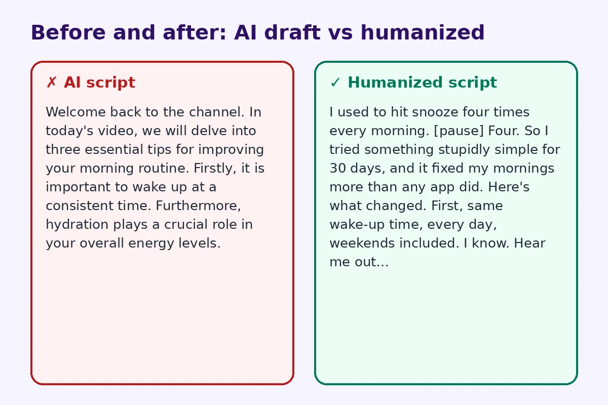 Before and after comparison of an AI draft and a humanized rewrite for humanize ai youtube script