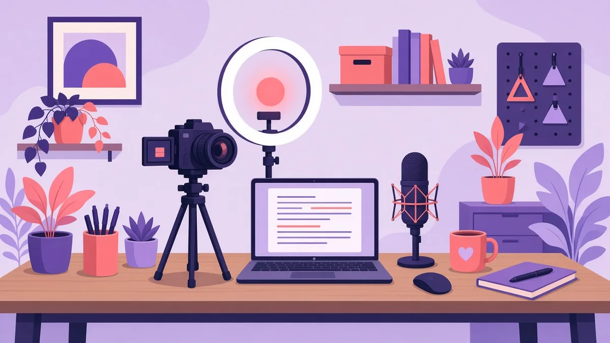 Video creator desk with camera, ring light, microphone and a laptop showing a script