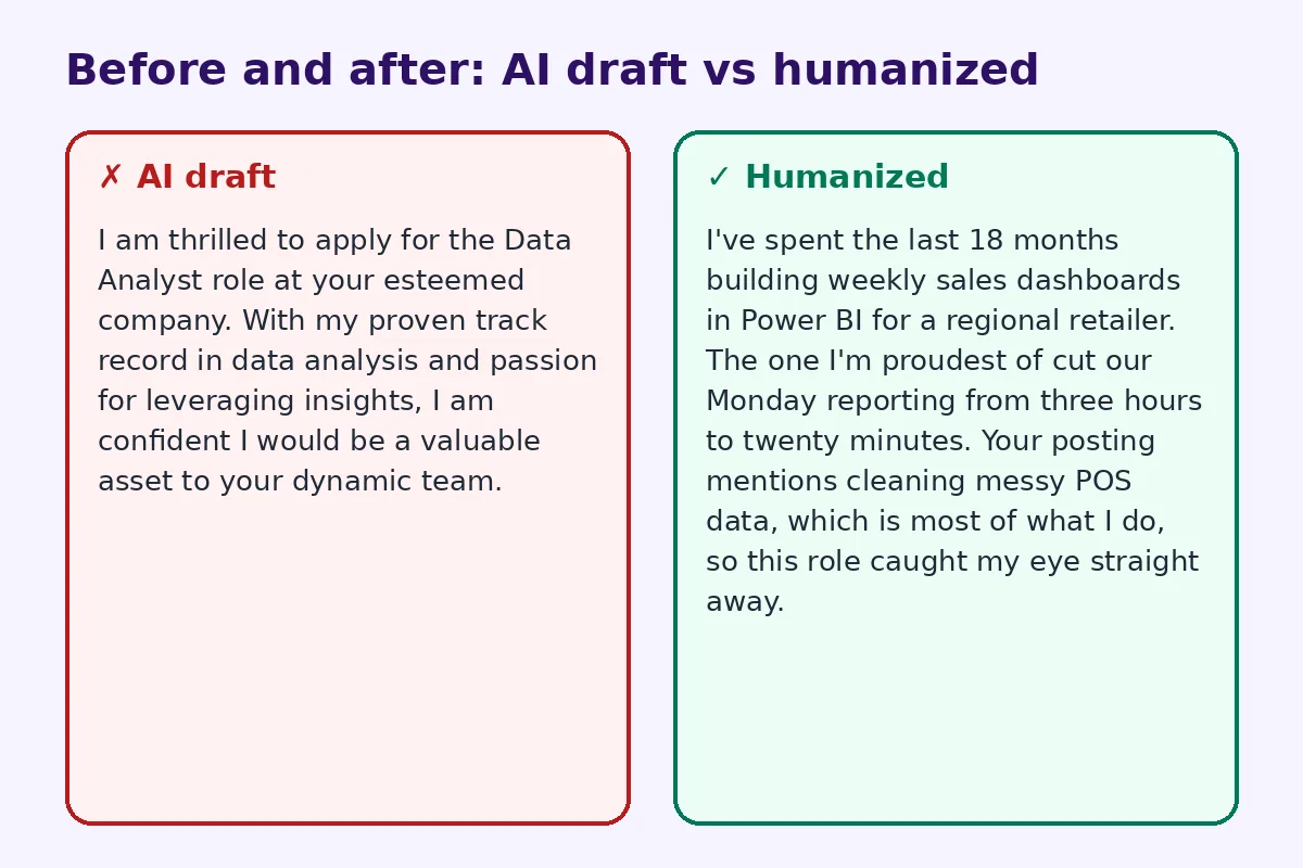 Before and after comparison of an AI draft and a humanized rewrite for make ai cover letter sound human