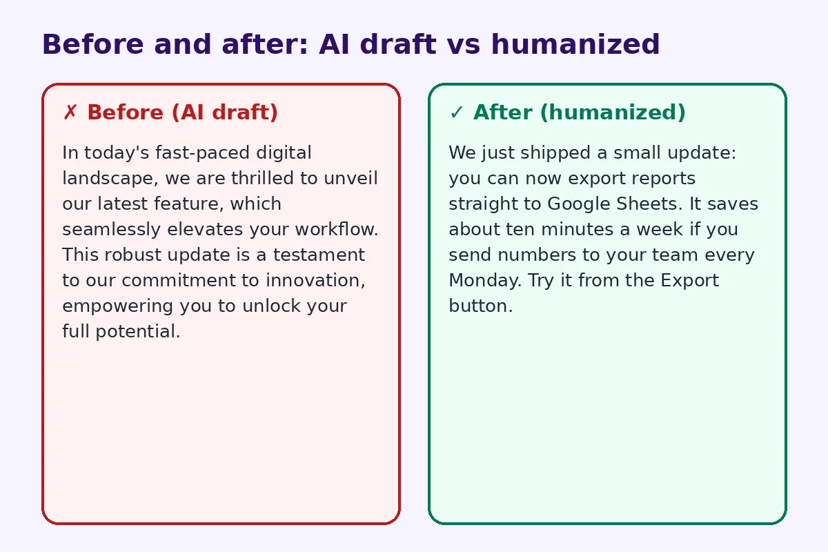 Before and after comparison of an AI draft and a humanized rewrite for words that make text sound like ai